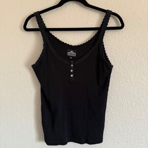 Angie‎ Medium Black Ribbed Henley Tank Top Lace Trim Y2K Whimisgoth Grunge